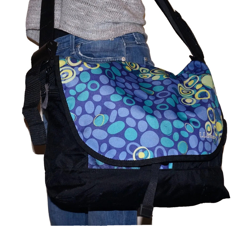 L.L.BEAN Large Lavender, Turquoise & Black Nylon CARRY ALL Crossbody Bag 12×13