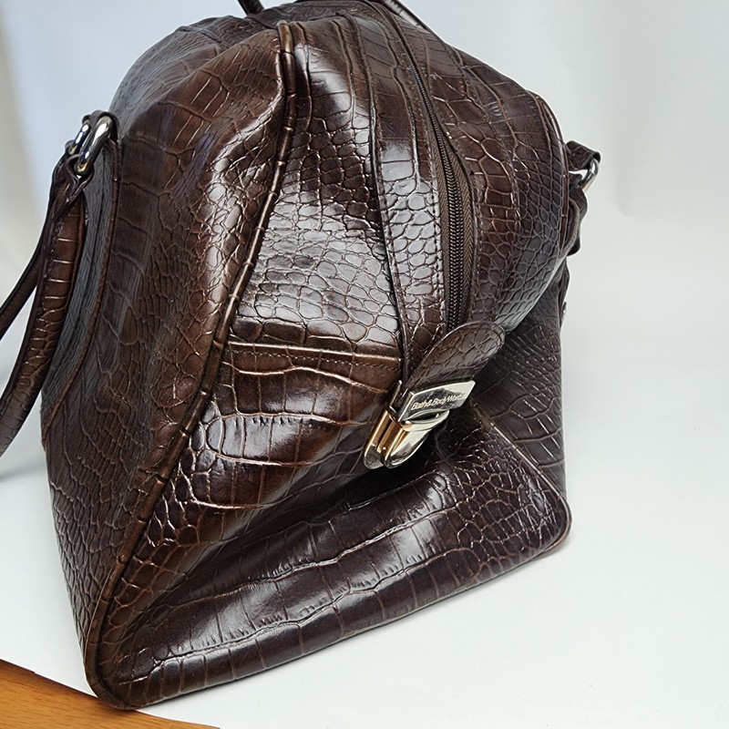 Bath & Body Works Brown Croc Embossed Faux Leather Travel Duffel Bag Luggage Tag gallery