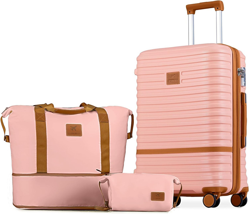 24 Inch Checked Luggage, Expandable Suitcase with Spinner Wheel, 3 Piece Hard Sh