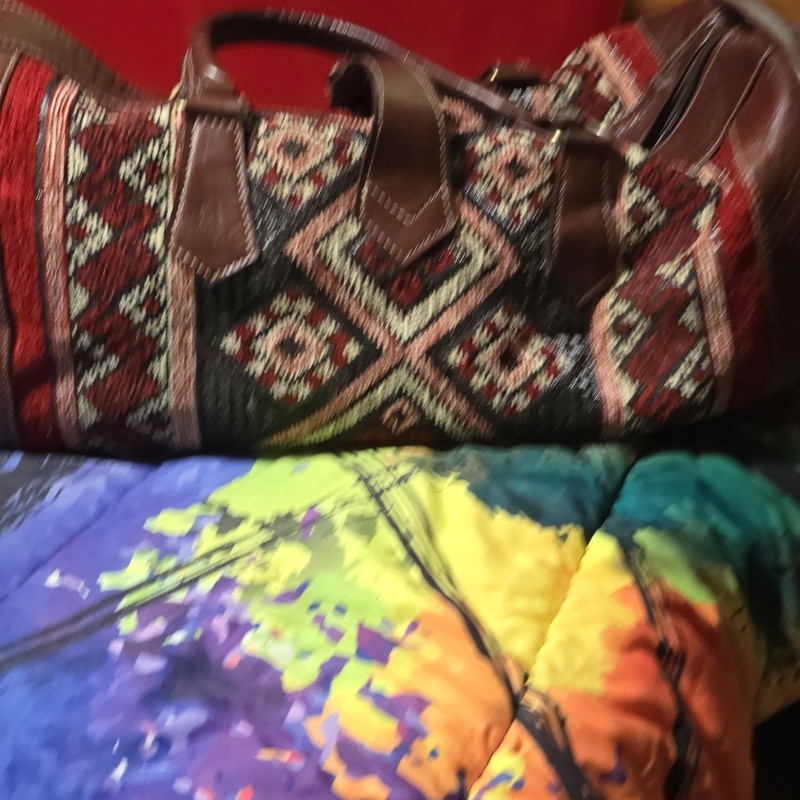 Canvas Leather Geometric Pattern Duffle Bag Carry On Brown Red White Black