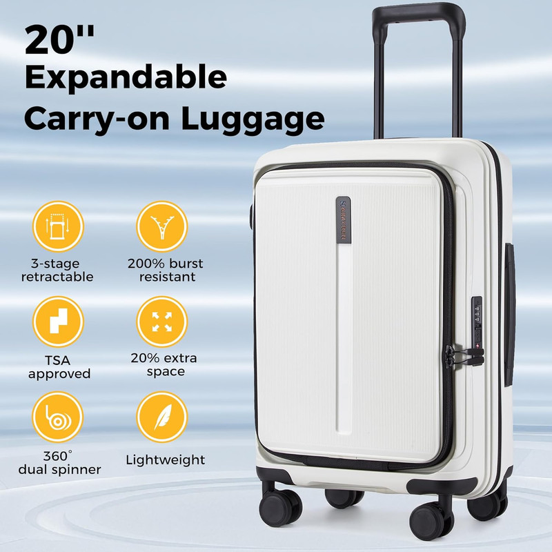 20" White Expandable Hardshell Spinner Luggage with TSA Lock - Airline Approved gallery