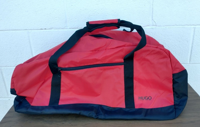 HUGO BOSS Duffle Gym Bag Red Black Rip Stop Fabric Used 24x12x10 Missing Strap