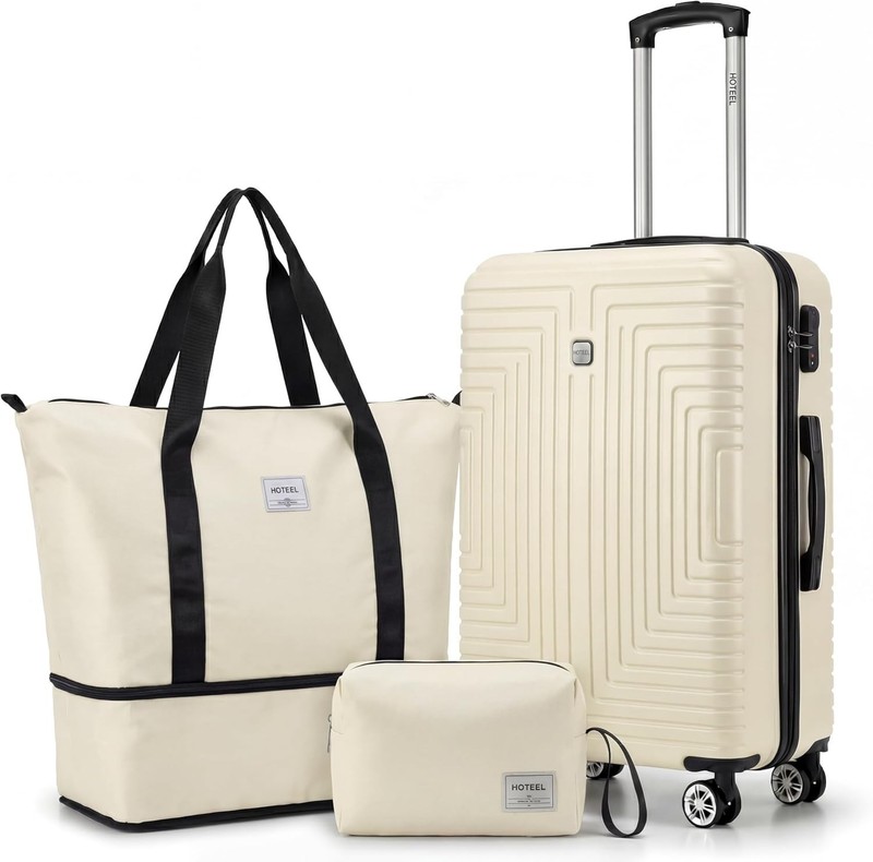 Hoteel Luggage Set 3pc ABS+PC Spinner Suitcase TSA Lock Expandable Duffle Beige