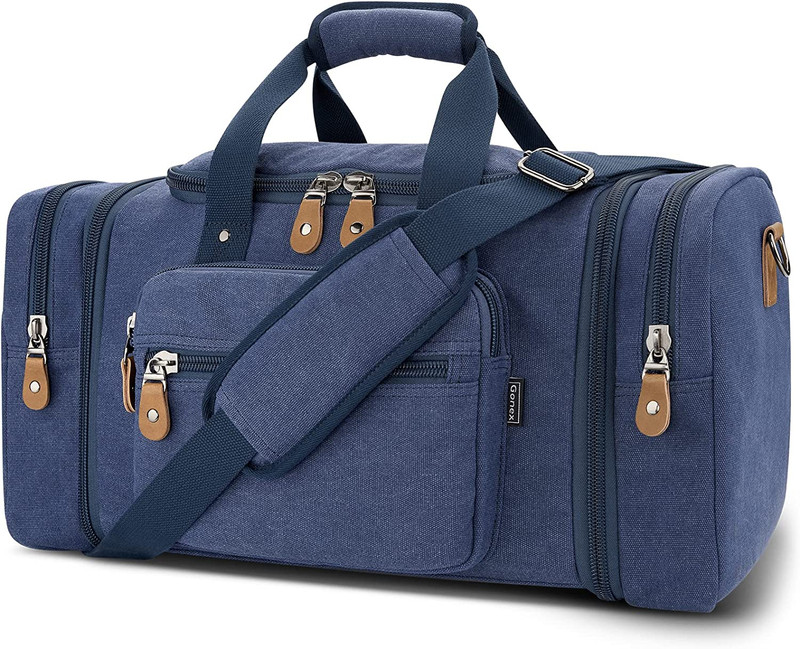 Canvas Duffle Bag, 60L Expandable Duffel Weekend Overnight Bag w/o Shoe Comp.
