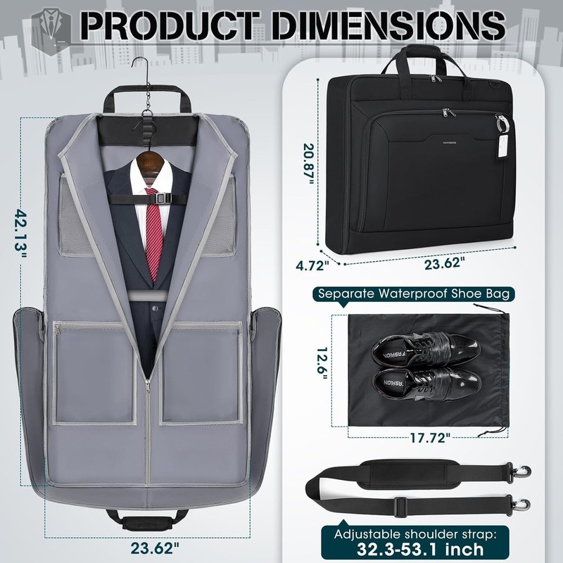 bag & Shoulder Strap, Waterproof Foldable Suit Luggage Bag for Men Women, Black gallery