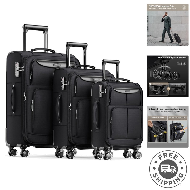 Waterproof 3-Piece Black Luggage Set – Expandable Softside Suitcases 20/24/28in