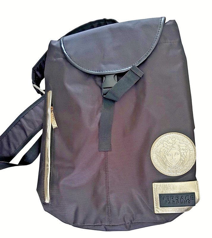 Versace Perfumes Black Nylon Drawstring Travel Backpack LARGE Gold Medusa Logo