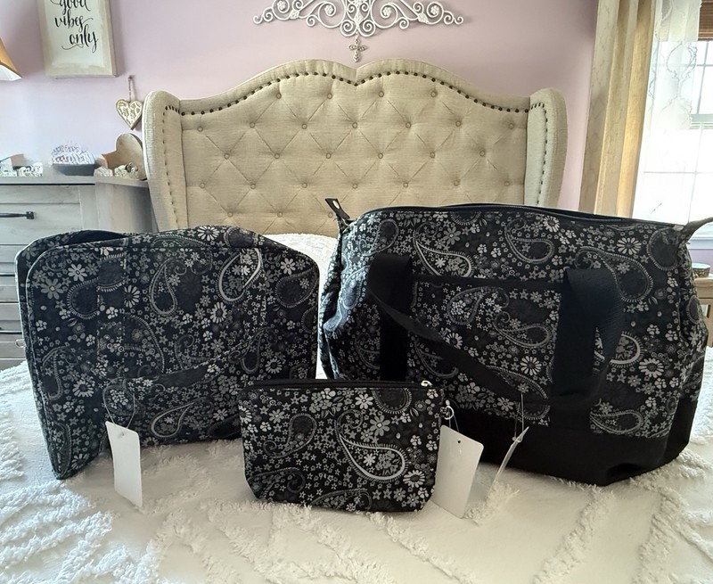 3 Piece Travel Storage Zipper Bag Set In Black/Paisley New