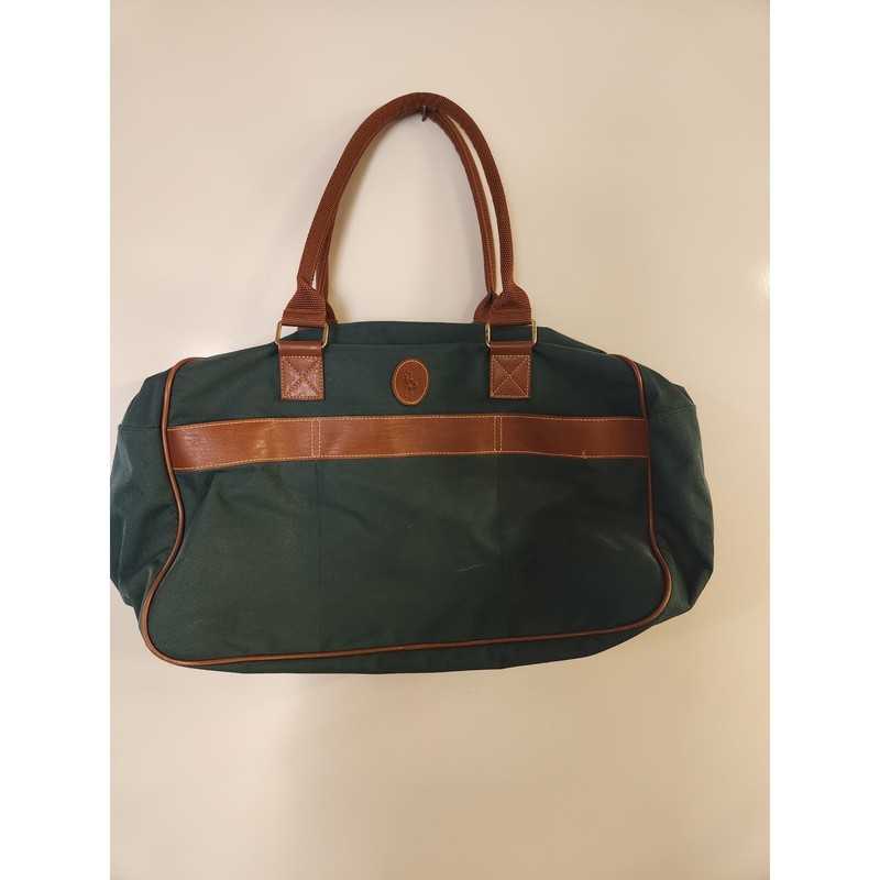 VTG Polo Ralph Lauren Green Canvas Brown Leather Small Duffle Bag Pony EUC