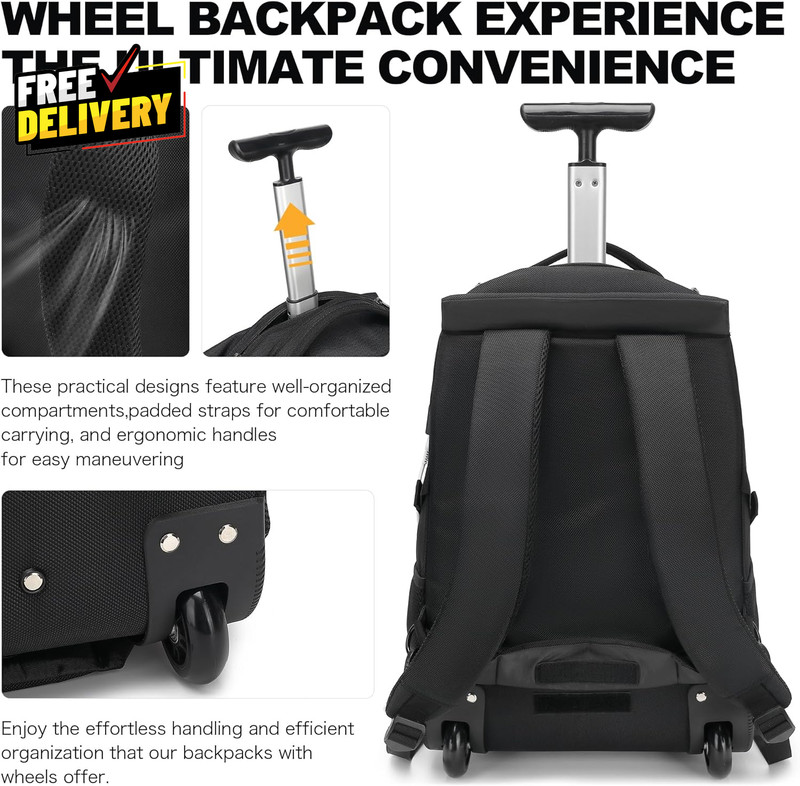 Rolling Backpack 17 Inch Water Resistant Wheeled Backpack Carry on Luggage Bus.. gallery