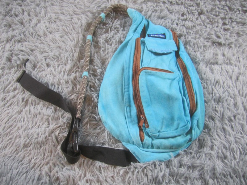 KAVU Rope Bag Sling Crossbody Backpack Canvas Aqua Blue Brown Zippers
