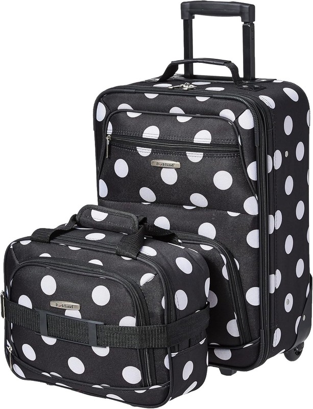 Rockland 2 Piece Expandable Softside Luggage Set Carry On Tote Bag Black Dots