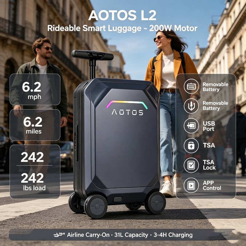 20″ Smart Rideable Suitcase Electric Luggage Scooter For Travel W/APP 31L