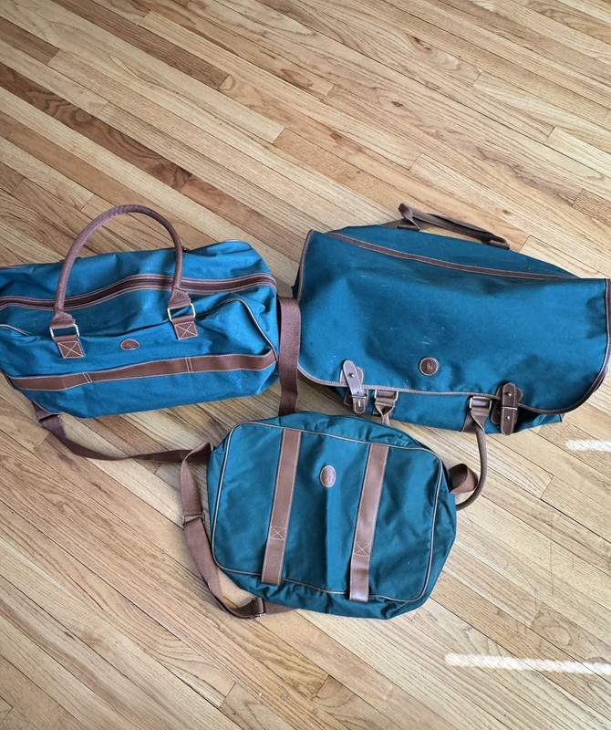 Polo Ralph Lauren Canvas Green Brown Leather 3 Set Luggage Carry On Weekender
