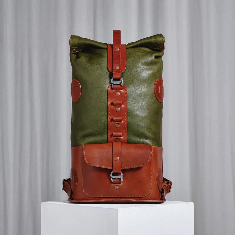 Kasperi Fold Top Olive & Brown Leather Backpack