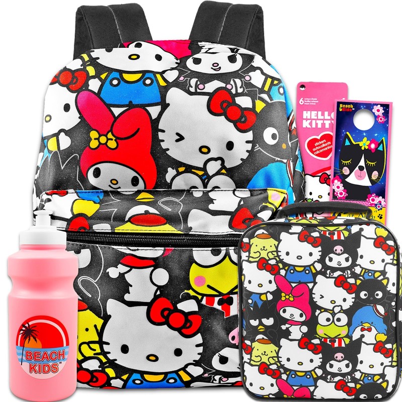 Hello Kitty 16″ Backpack & Lunch Box Set Girls School Bag Water Bottle Stickers