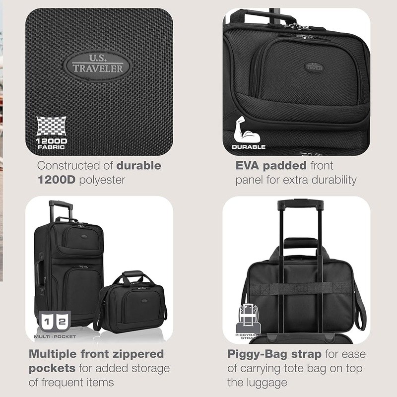 Softside Luggage Set Expandable Polyester Internal Handle Piggy Bag Strap Black gallery