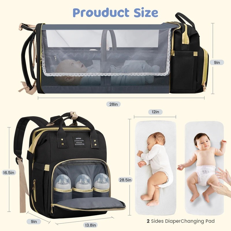 Diaper Bag Backpack with Foldable Crib, USB Charging Port, Insulated Pockets gallery