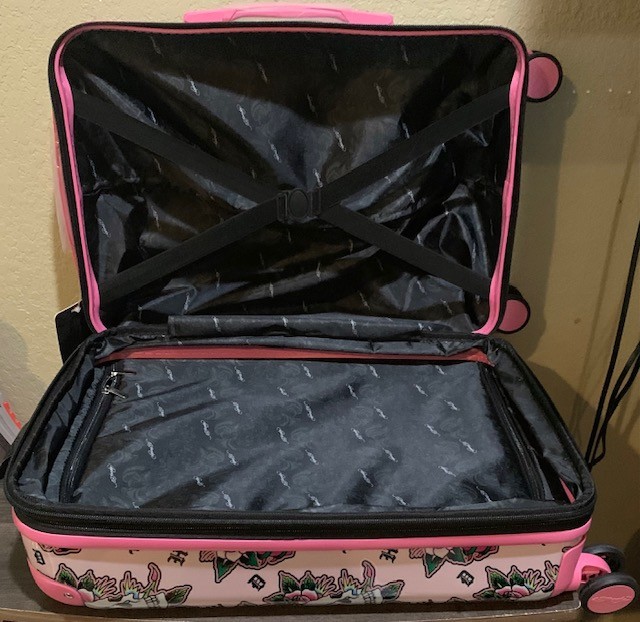 Ed Hardy 21" Expandable Carry On Spinner Luggage Suitcase Pink Skull Butterflies gallery