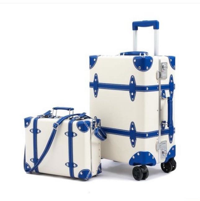 Universal Trotter Retro Leather Luggage Set Carry on and PU Bag. White/Blue