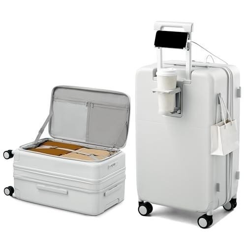 Hanke 24″ Expandable Checked Luggage With Cup Holder Usb Port Tsa Lock White
