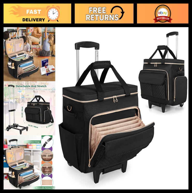 Multifunctional Rolling Teacher Bag with Laptop Compartment & Detachable Dolly,