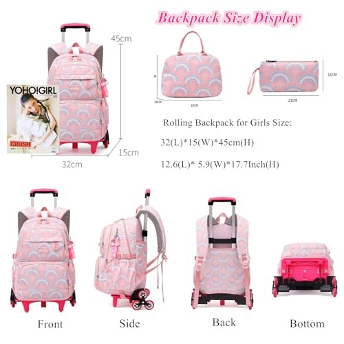Girls Rolling Backpack Elementary Student Outdoor 6 Wheels Deep Blue-6 Wheels gallery