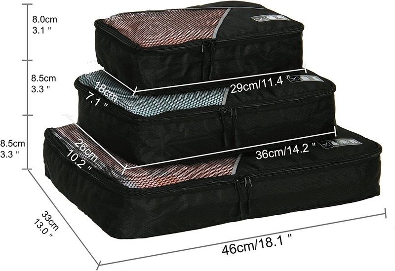 Hynes Eagle 3 Pieces Packing Cubes Set Travel Luggage Organizer Bag Black&Gray gallery