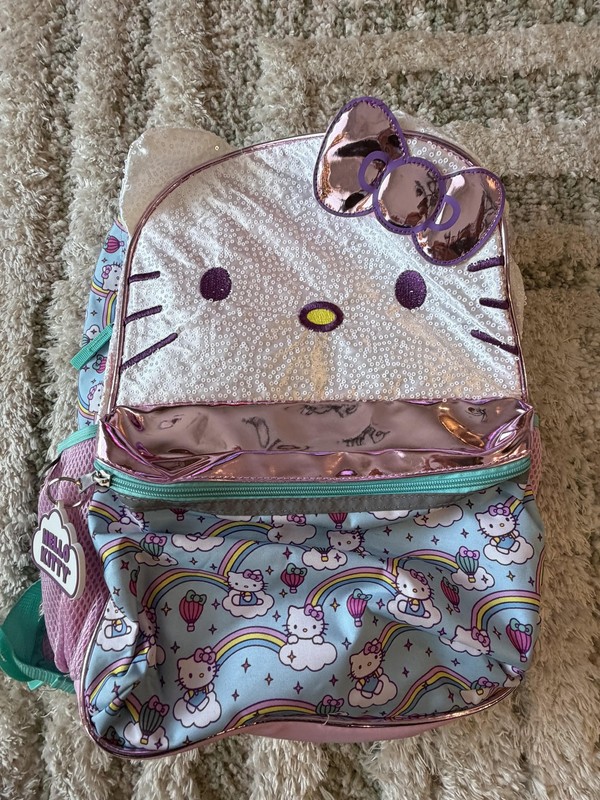 Sanrio Hello Kitty 16″ Backpack Multicolor Sequin Rainbow Clouds Girls School