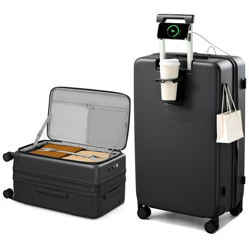 28 Inch Expandable Checked Luggage with Cup Holder and Charger Port, Top Open...