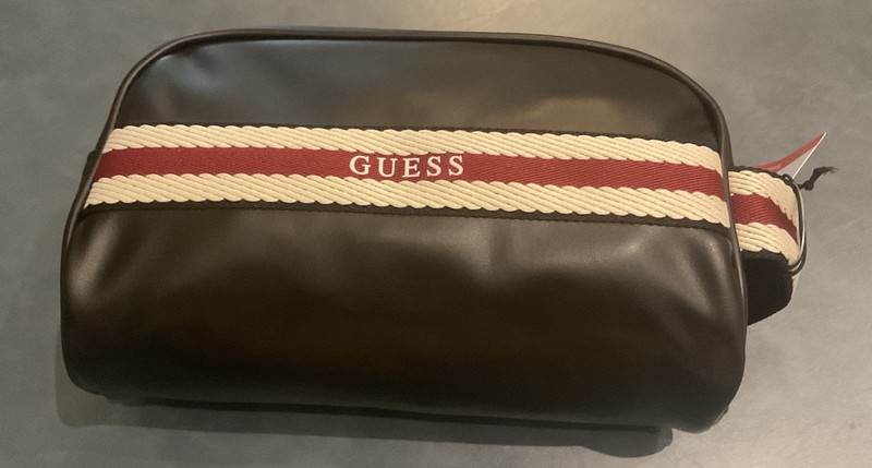 GUESS Men’s Travel Kit Toiletry Case Black Faux Leather Red & White Stripe NEW