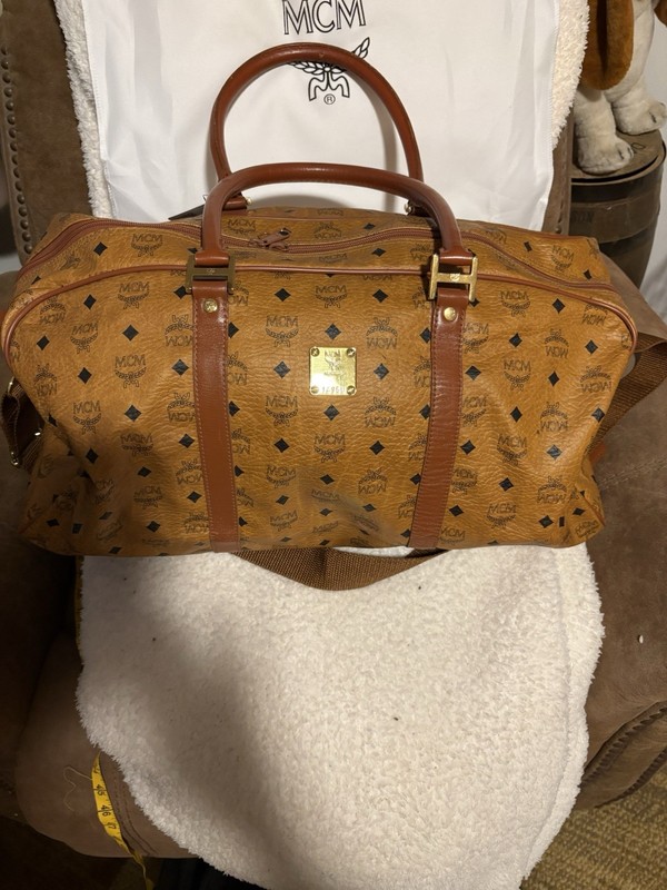 MCM Brown Leather Logo Print Duffle Bag 22″ Carry On Adjustable Straps 1435U