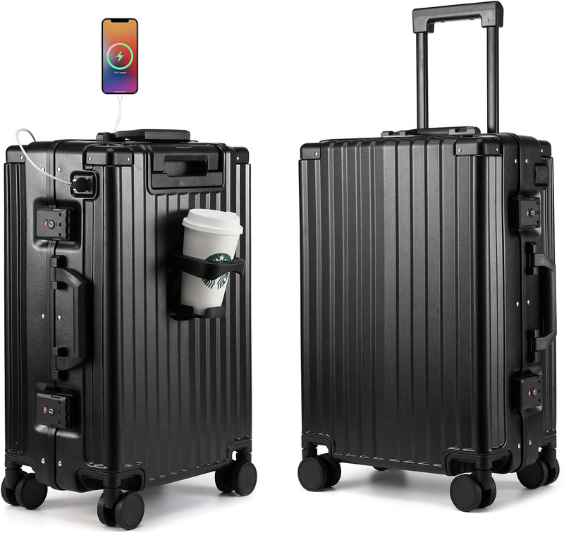 Hard Case 24 Inch Checked Luggage with Spinner Wheels,Aluminum Luggage with 100%