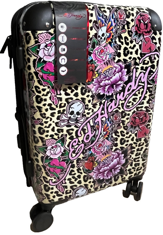 Ed Hardy 21″ Expandable Carry-On Spinner Suitcase – Leopard Print with Pink Logo