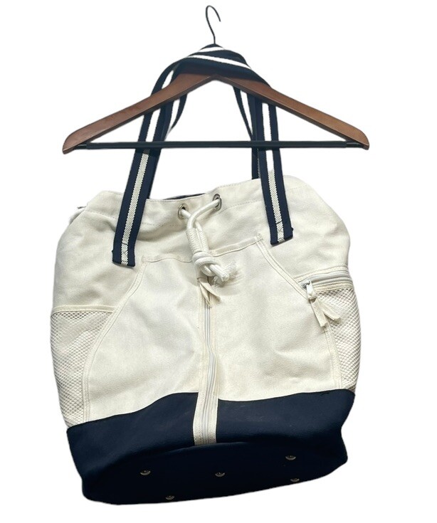 Scarborough & Tweed White Blue Large Drawstring Beach Bag Duffle Banker Gym Navy