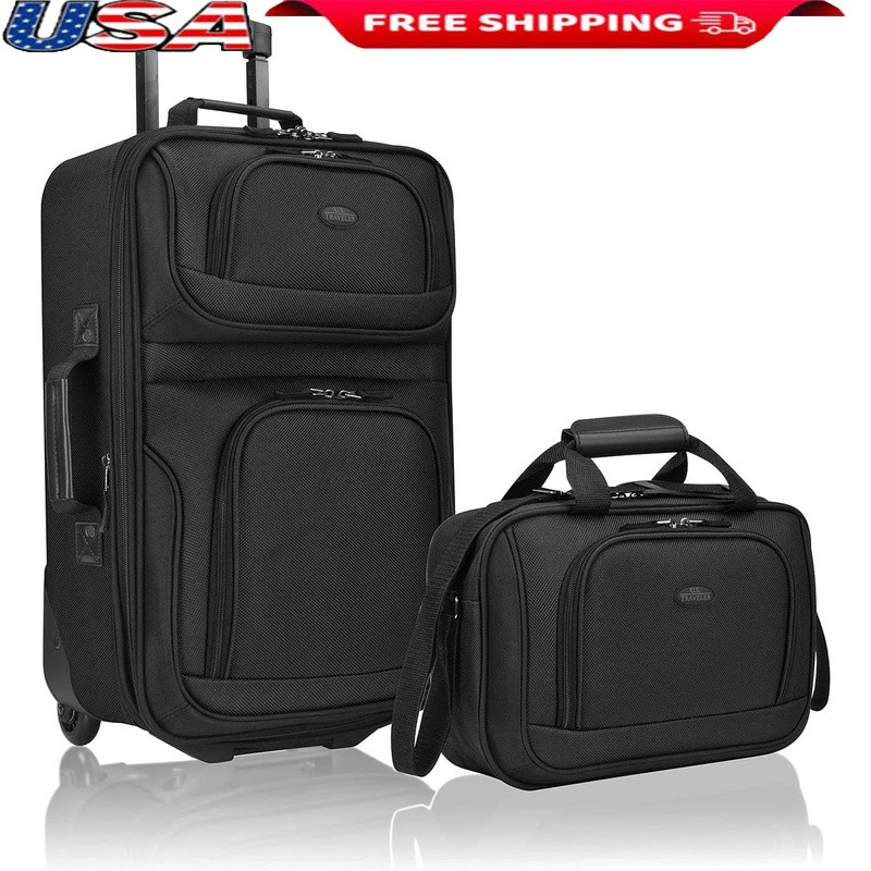 Softside Luggage Set Expandable Polyester Internal Handle Piggy Bag Strap Black