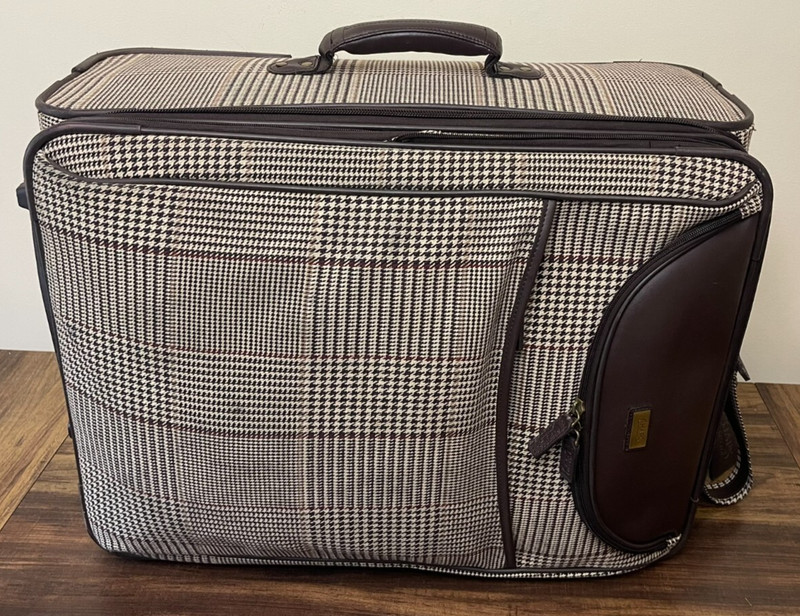 Vintage Chaps Polo Ralph Lauren Suitcase Canvas Leather Brown Houndstooth 26” gallery