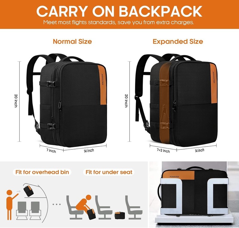 POWAITER Weekender Backpack Bag Black Travel Carry On Fits 17" Laptop NEW gallery