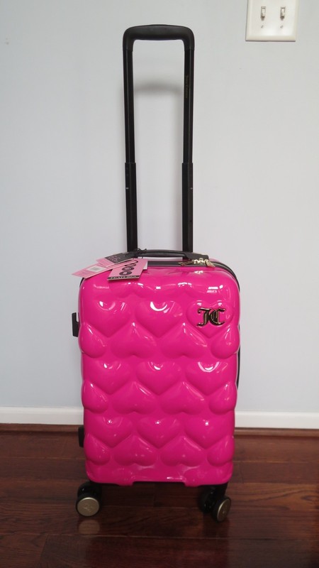 NWT JUICY COUTURE Barbie Hot Pink HEARTS 21″ SPINNER Carry On SUITCASE Luggage