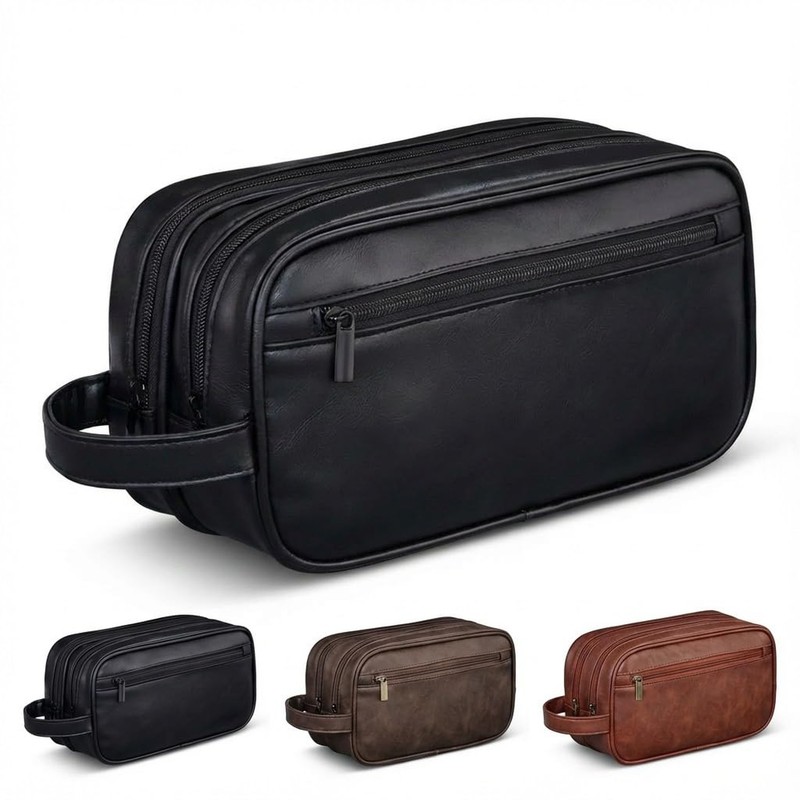 Men’s Toiletry Bag Travel Dopp Kit – double-deck PU Leather Water-Re