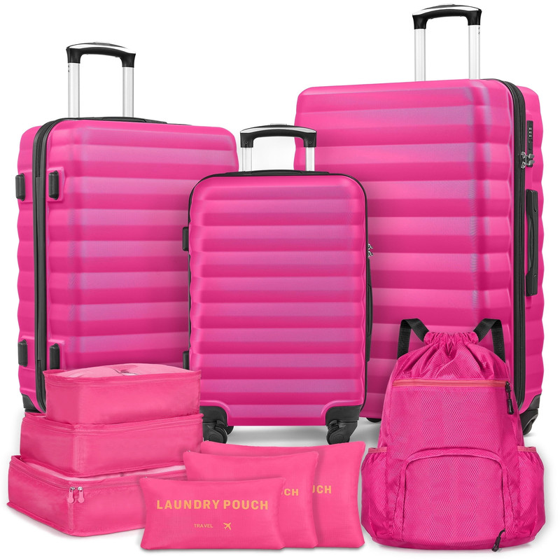 10 Piece Luggage Set Hardside Spinner Suitcase 28 24 20 Inch Backpack Rose Red