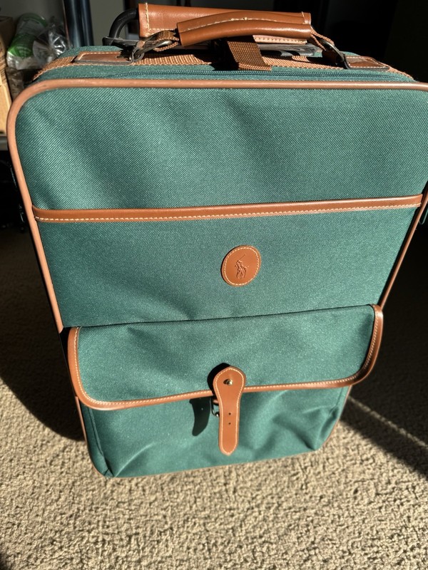 Polo Ralph Lauren 1990s Rolling Suitcase Green with Brown Trim Vintage