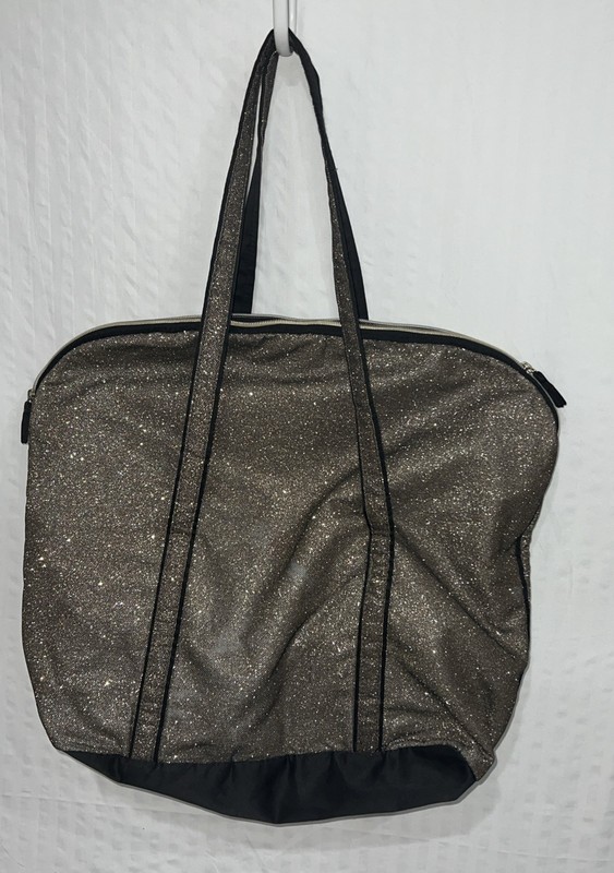 Victoria's Secret Glitter Shimmer Tote Shoulder Bag Black Gold Logo Zip Top gallery