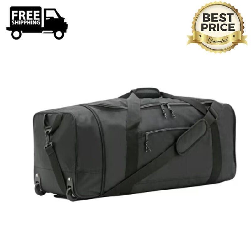 32″ Wheeled and Compactible Polyester Rolling Duffel Bag Black for Travel NEW