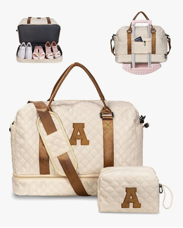 Beige Duffle Bag with Shoe Compartment, Adjustable Straps & Cosmetic Bag