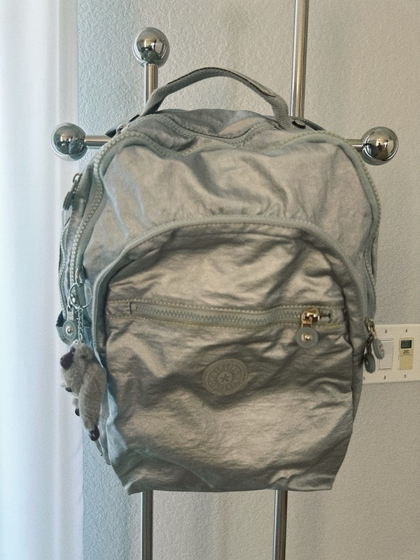 Kipling Silver Backpack Adjustable Straps Front Pocket Polka Dot Interior gallery