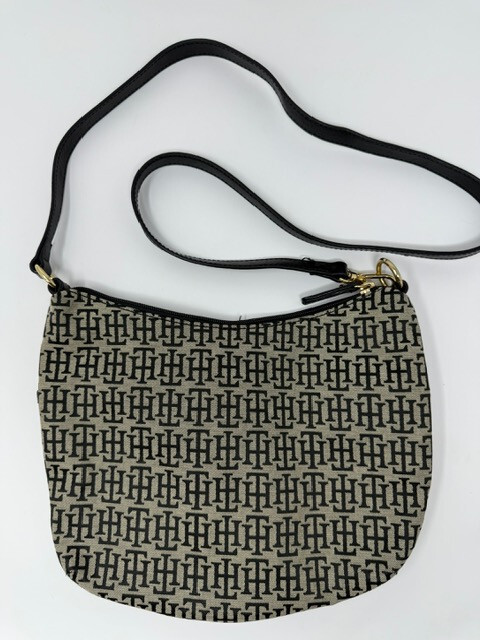 NEW Tommy Hilfiger Canvas Top Zip Bucket/Crossbody Bag-Black/Tan $65 gallery