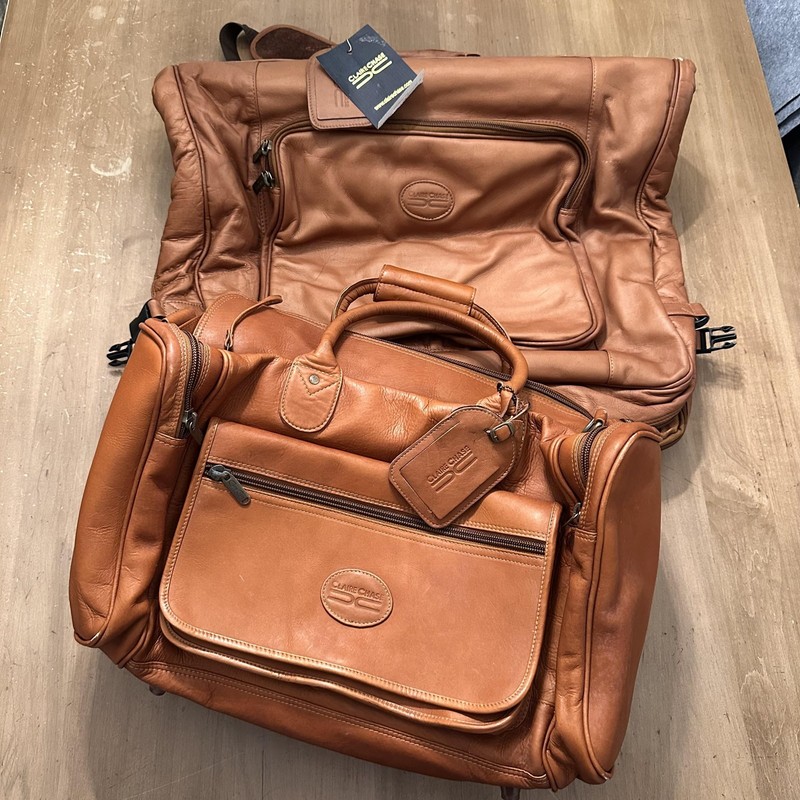 Claire Chase Leather Garment Bag Carry On Duffel Travel Luggage Set Tan