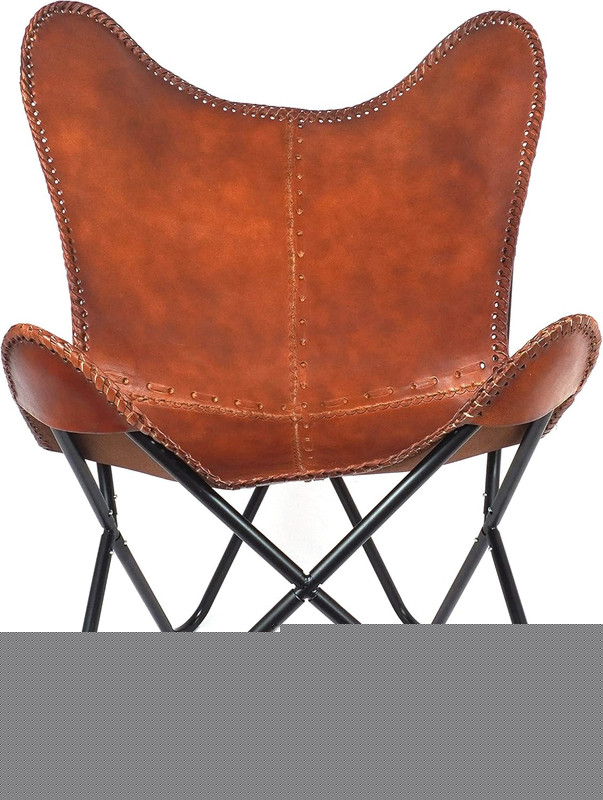 Boho Shy Shy Brown Leather Butterfly Chair with Black Iron Frame