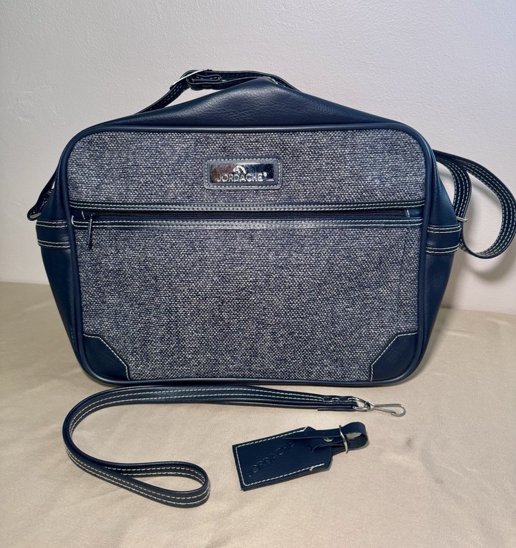 VINTAGE Jordache Travel Carry Tweed Blue Faux Leather Duffle 80s Retro strap Tag